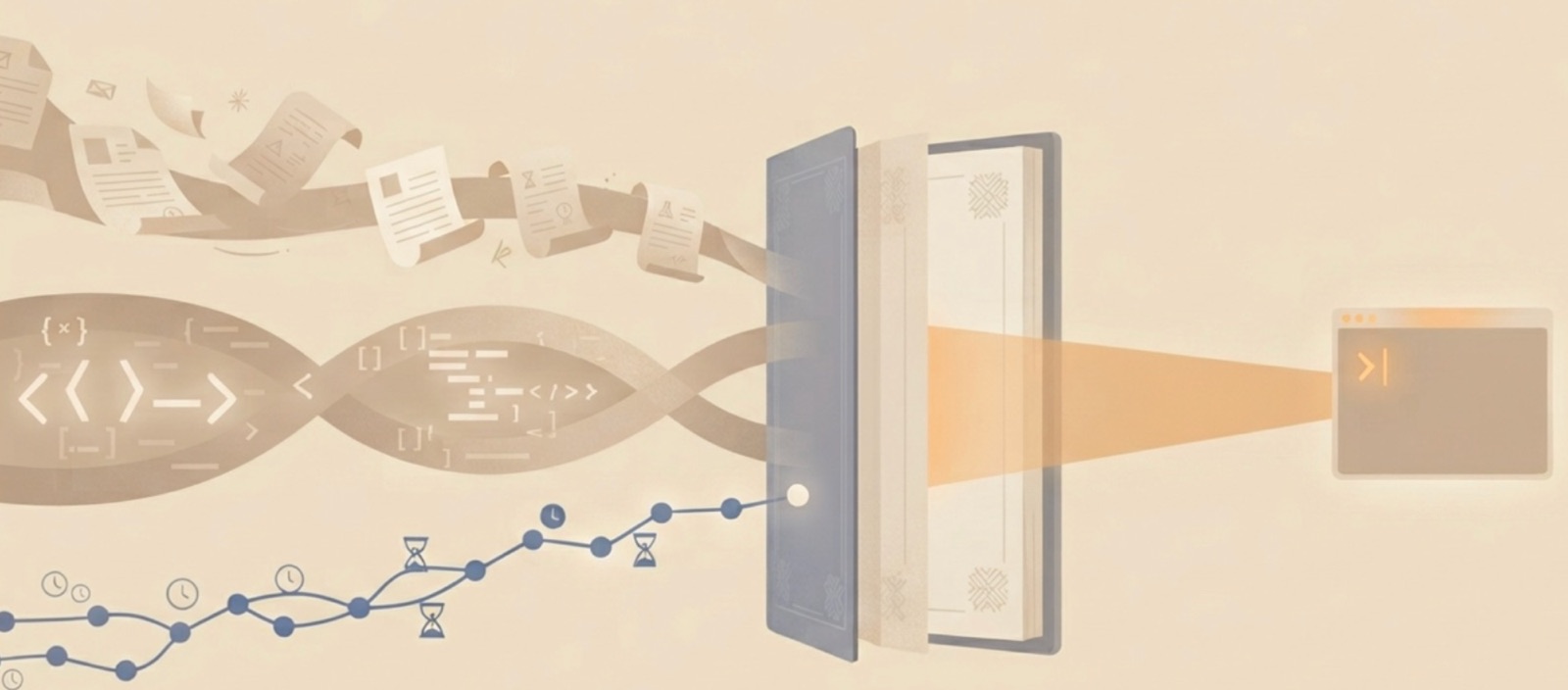 Three streams — documents, code and a timeline of past decisions — flow into an open chronicle book; a single beam of light leaves the book toward a terminal window
